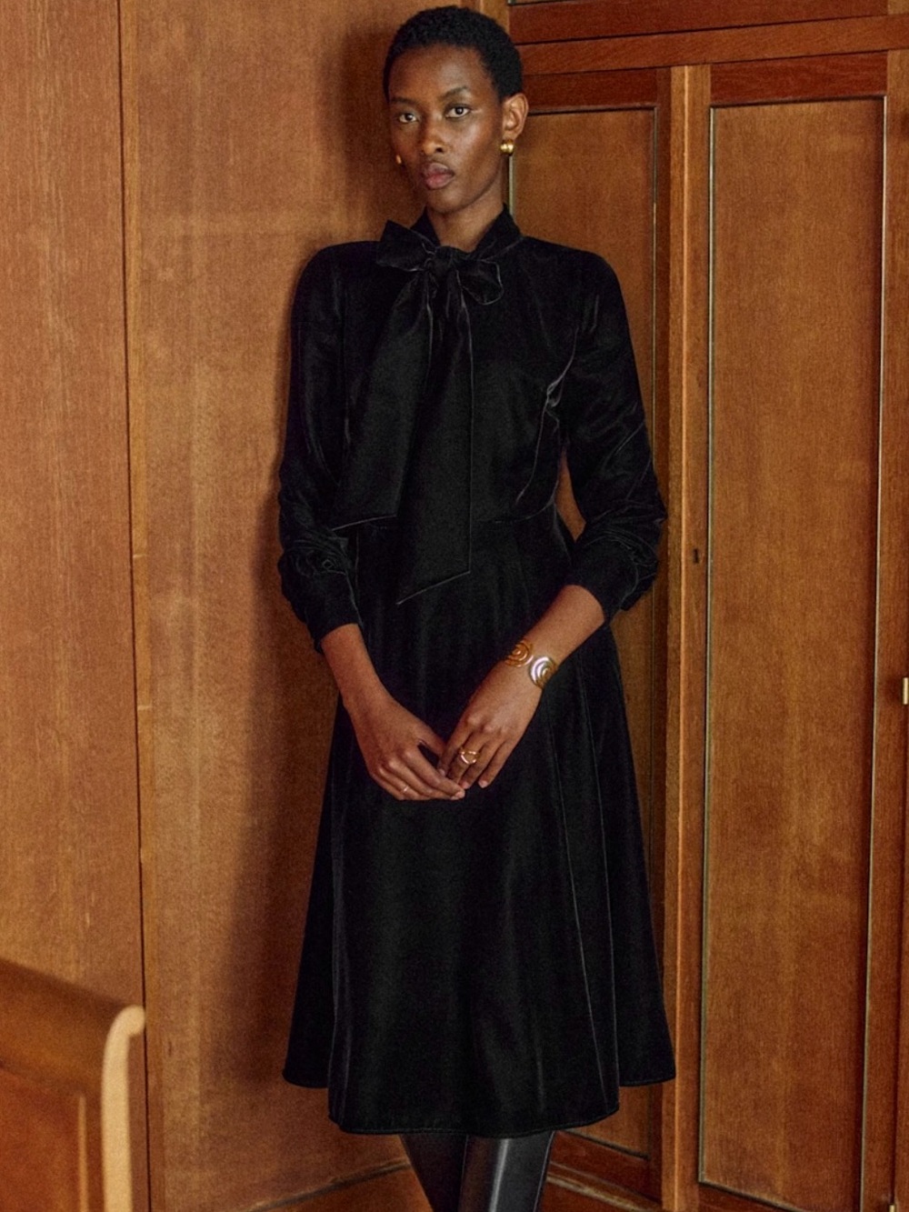Sezane Black Velvet Bow-Front Midi Dress